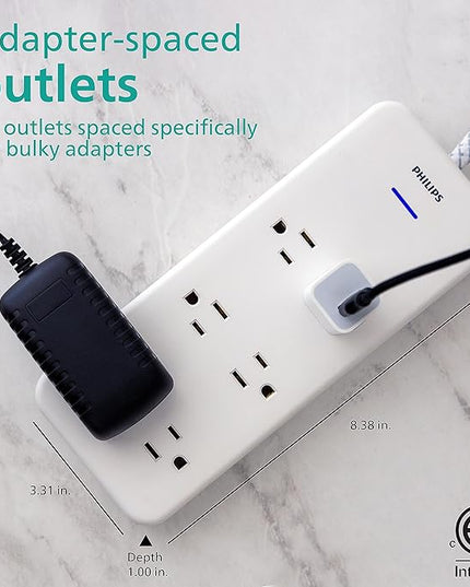 Philips 6-Outlet Surge Protector with Multiple Outlets, 8 Ft, Braided Cord,1080 Joules, Adapter-Spaced, White, SPC6066WB/37