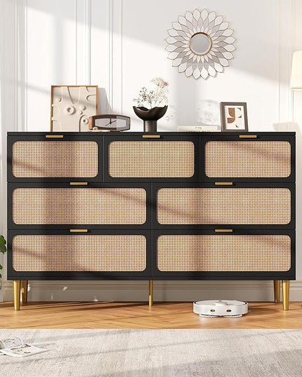 Garvee Rattan Dresser with 7 Drawers, Tall Modern Closet with Deep Storage, Large Chest of Drawers with Wide Top, Long Wooden Dresser for Bedroom, Living Room, Hallway, Kids Room, Black