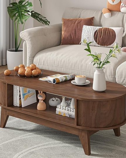 Coffee Table with Storage,Mid Century Modern Coffee Tables with 2 Flip-Top Hidden Lids,Fluted Coffee Table,Wood Center Tables for Living Room Home Office (Walnut Color)