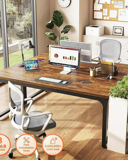 Huuger 63 x 24 inch Desk with Power Outlets & USB-C, Deeper & Thicker Desktop, Robust Metal Tubes, Computer Desk, Heavy Duty Office Desk, Work Gaming Desk, for Home Office, Rustic Brown
