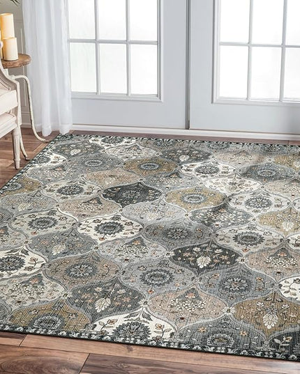Lahome Moroccan Washable Area Rug 6x9, Ultra-Thin Large Living Room Rugs for Bedroom, Oriental Trellis Distressed Non Shedding Throw Carpet for Dining Room Office, Grey