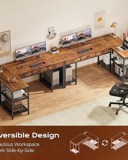 PRAISUN 55 Inch L Shaped Office Desk with Power Outlets and Type-C Port, Large Computer Gaming Desk with 3 Fabric Drawers, Mesh Shelves, Corner Study Work Writing Desk, Rustic Brown