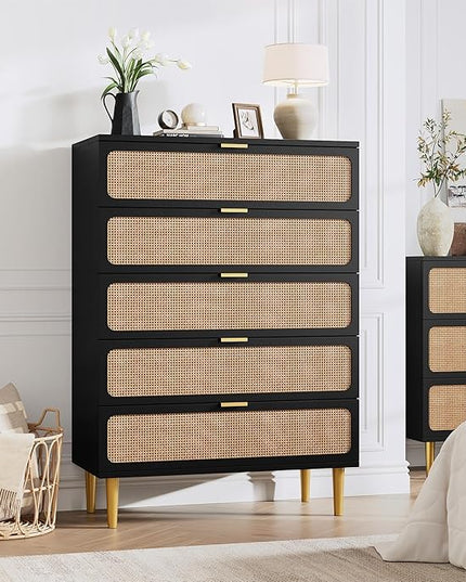 Garvee Rattan Dresser with 5 Drawers, Tall Modern Closet with Deep Storage, Large Chest of Drawers with Wide Top, Long Wooden Dresser for Bedroom, Living Room, Hallway, Kids Room, Black