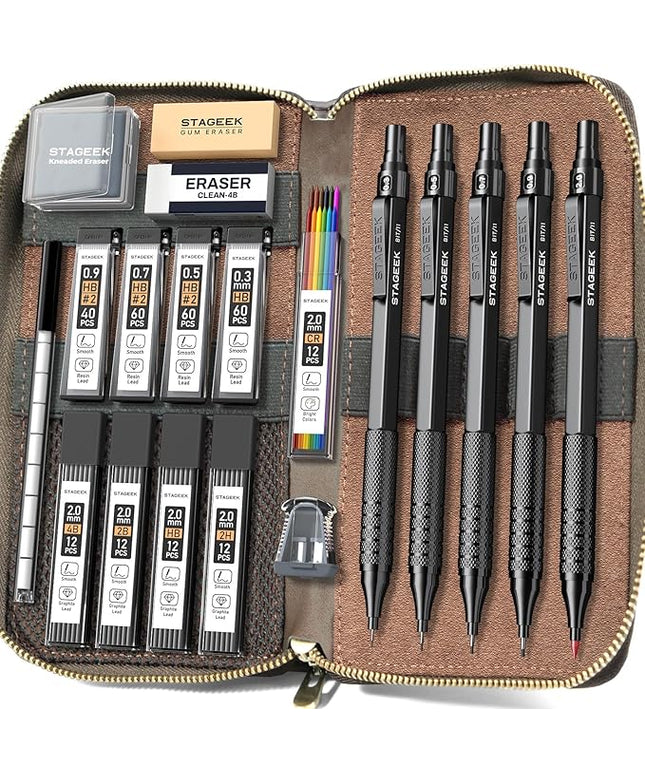 STAGEEK Metal Mechanical Pencil Set in Leather Case, 5PCS Art Drafting Pencil 0.3, 0.5, 0.7, 0.9 & 2mm Lead Holder, 9 Tube (4B 2B HB 2H Colors) Lead Refills for Drawing, Sketching, Writing (Black)