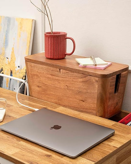 Extra Large Cable Management Box - Acacia Wood - Cable Organizer Box and Power Strip Box for Electrical Cord Management - Hide Desk Cord and Floor Cables - Wire Storage and Organization for Cords
