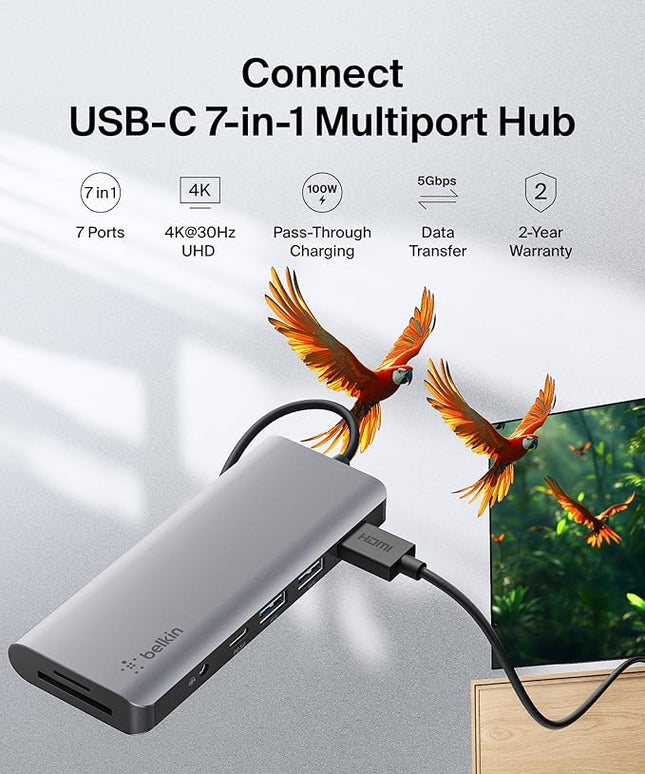 Belkin USB-C Hub, 7-in-1 MultiPort Docking Station for MacBook & Windows - 85W USB-C Power Delivery 3.0, 4K HDMI 1.4, 2x USB-A 3.0, SD 3.0, Micro SD 3.0, & 3.5mm Audio Jack