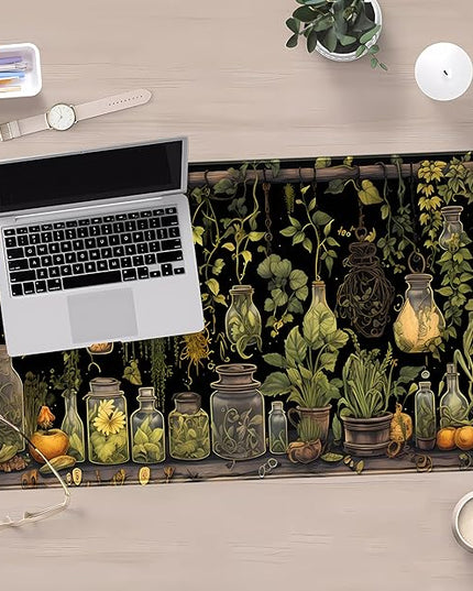 Desk Mat Green Plants Mouse Pad Gaming Mat Dark Keyboard Mat, Long Mouse Mat XXL Extended Desktop Mat Magical Bottles Computer Mats with Stitched Edges, Office Desk Accessory 31.5" x 15.7"