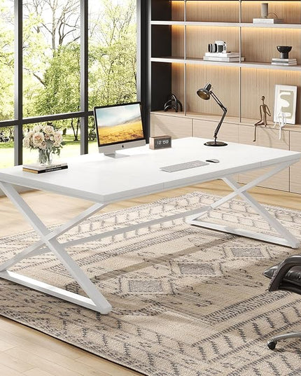 IBF Long White Computer Desk, Modern Simple Large Home Office Desk, Wood Metal Work Study Writing Table for 2 Monitors, Double Pc Gaming Executive Workstation in Bedroom Living Room, White Oak,70 in