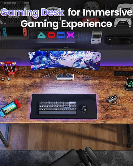 PRAISUN 54 X 20 Inch Office Computer Desk with Power Outlets and USB-C Port, Larger and Longer Gaming Desk, for Home Office, Study, Bedroom, Writing Work from Home Table, Metal Frame, Rustic Brown
