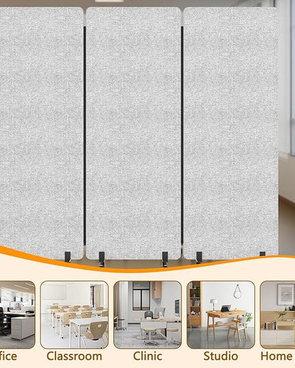 Soundproof Room Divider Panel with Wheels, 66in Portable Office Partition Screen, 3 Panel Temporary Wall Divider for Sound Proof Separation, Cubicle Privacy Panels for Desk (Light Grey)