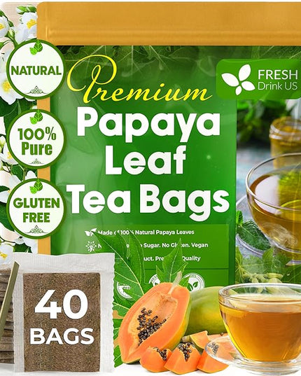 FreshDrinkUS, Premium 40 Papaya Leaf Tea Bags, 100% Natural & Pure. Loose Leaf Papaya Herbal Tea. Made with Natural Material Tea Bags. No Sugar, No Caffeine, No Gluten, Vegan.