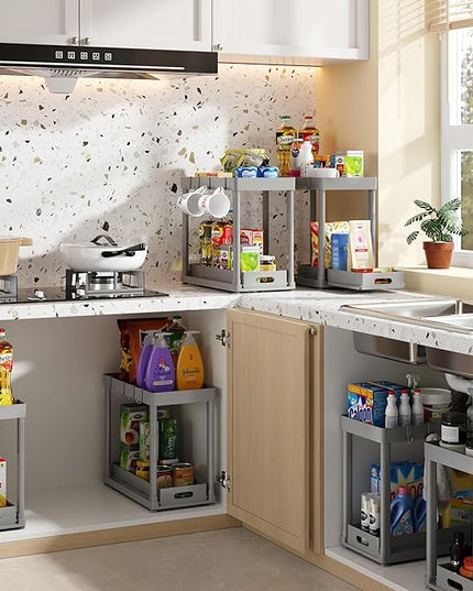 2PC Under Sink Organizer Rack 2 Tier Under Sliding Cabinet Basket Organizer Drawer with 4 Hooks, Multi-purpose Under Sink Storage for Bathroom Kitchen Desktop（Grey）