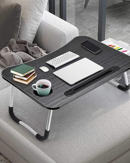Slendor Lap Desk with Tablet Slot, Foldable Laptop Table with Storage Drawer for Bed，Portable Bed Desk for Laptop, Computer Tray with Cup Holder Notebook Stand Reading Holder for Couch Floor, Black