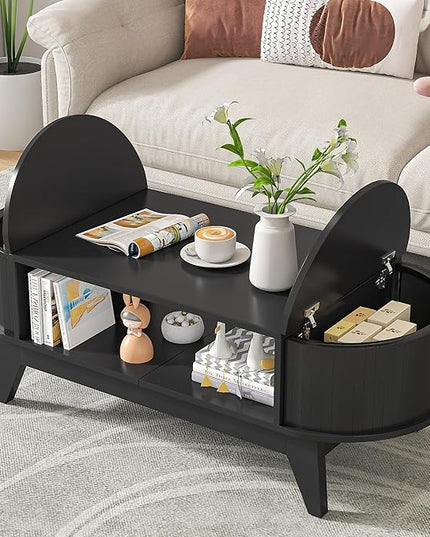 Coffee Table with 2 Hidden Storage,Mid Century Modern Coffee Table with Fluted Finish,Wood Center Tables Oval Coffee Tables with Flip-Top Lids for Living Room Home Office (Black)