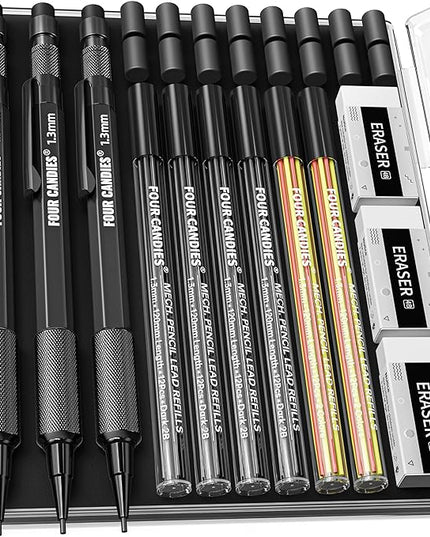 Four Candies 1.3mm Mechanical Pencil Set with 72 Lead Refill, 3PCS Metal Weatherproof Body Heavy Duty Carpenter Pencil, 3 Eraser, 16 Eraser Refill, for Outdoor Woodworking Drafting Marking with Case