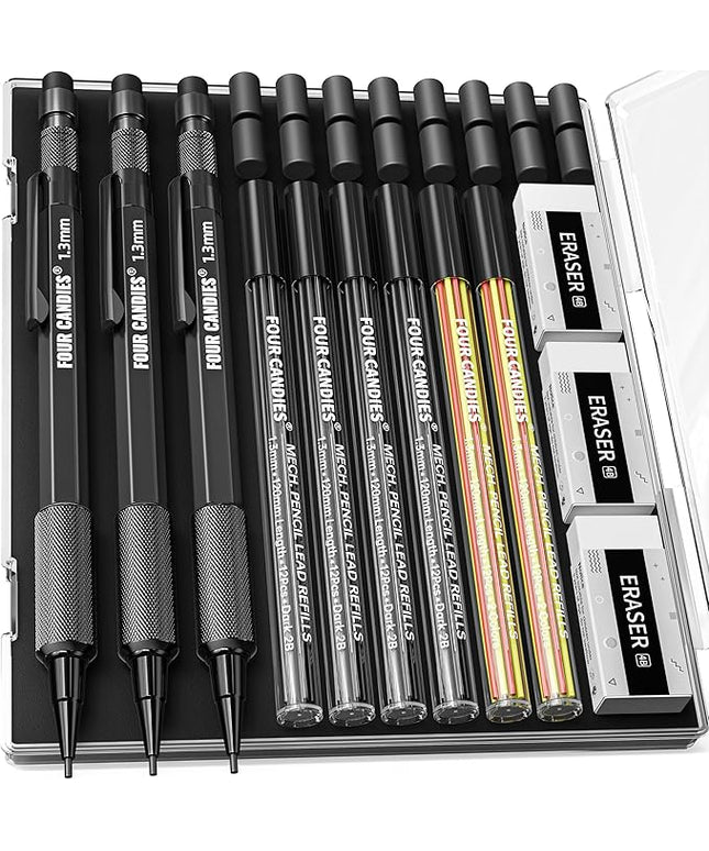 Four Candies 1.3mm Mechanical Pencil Set with 72 Lead Refill, 3PCS Metal Weatherproof Body Heavy Duty Carpenter Pencil, 3 Eraser, 16 Eraser Refill, for Outdoor Woodworking Drafting Marking with Case
