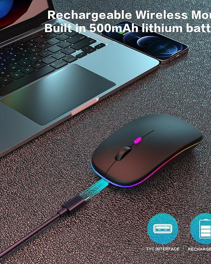 Wireless Bluetooth Mouse Rechargeable Laptop Mice with LED Use Portable(BT5.2 and USB 2.4G) Dual Mode Connection Silent Slim Computer Mouse for Laptop/iPad Tablet/Apple MacBook/PC(Black Pearl)