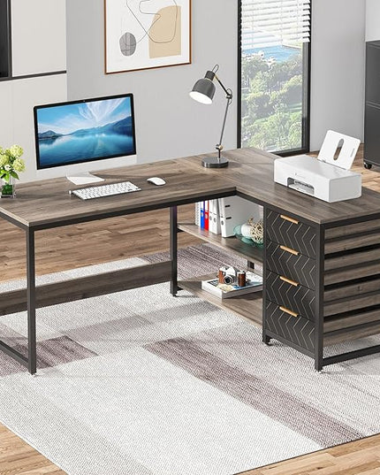 Tribesigns L Shaped Computer Desk with Storage Drawers, 59 inch Corner Desk with Shelves, Reversible L-Shaped Office Desk Writing Table Workstation for Home Office, Grey