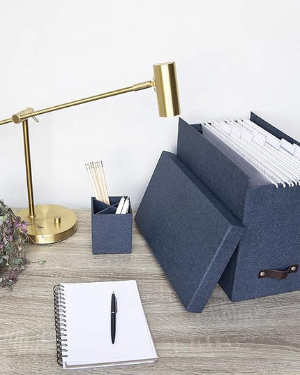 Bigso John Desktop File Box - File Storage Box and Document Organizer for Important Paperwork - Durable Hanging File Box with a Lid and Leather Handle - 7.36 in x 13.26 in x 10.51 in - Blue