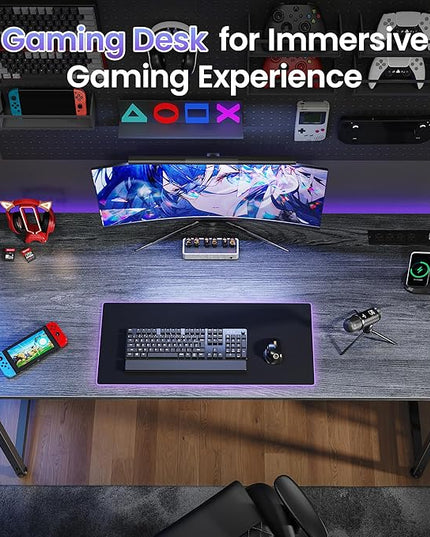 PRAISUN 54 X 20 Inch Office Computer Desk with Power Outlets and USB-C Port, Larger and Longer Gaming Desk, for Home Office, Study, Bedroom, Writing Work from Home Table, Metal Frame, Grey