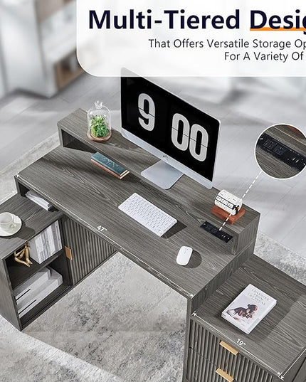JXQTLINGMU 67" Modern L Shaped Desk with Storage Cabinet & Drawers, Wood Home Office Desk with Power Outlets, Fluted Computer Writing Desk, Grayish Green