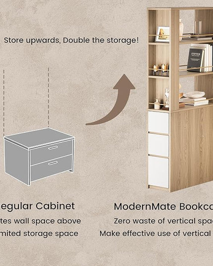 Bookcase with 3 Drawers and Storage Shelves, 71''Tall Corner Bookshelf with 3 Tier Open Double-Sided Design, Multi Functional Organizer, Wood Bookshelves for Home/Office, Light Walnut