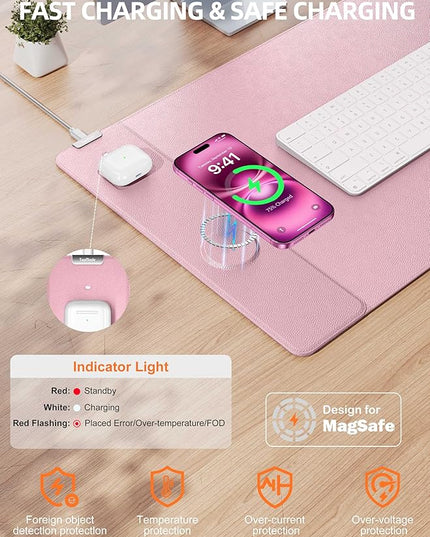 TopMade Mouse Pad with 15W Wireless Charging, XXL Large Leather Desk Mat, Waterproof Gaming Mousepad Home Office Desk Pad Protector, Computer Keyboard Pad, Mouse Mat for MacBook, PC, Laptop, Pink