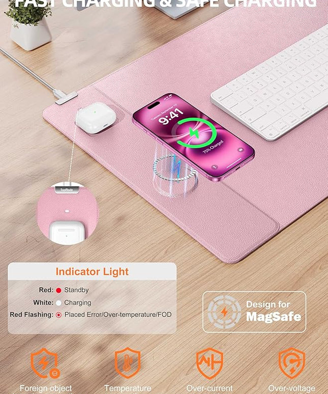 TopMade Mouse Pad with 15W Wireless Charging, XXL Large Leather Desk Mat, Waterproof Gaming Mousepad Home Office Desk Pad Protector, Computer Keyboard Pad, Mouse Mat for MacBook, PC, Laptop, Pink