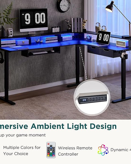 RedLemon 75X60 Inches L Shaped Electric Standing Desk, Height Adjustable Corner Gaming Desk with Drawers, Power Outlets & LED Lights, Computer Desk with Monitor Shelf, Carbon Fiber Black