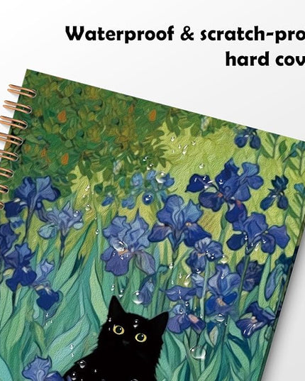 ROXMART Irises Floral Black Cat Spiral Notebook, Black Cat Gifts Journal, Cats Lover Gifts for Women, Abstract Flower Field Kitty Kitten Hardcover Notebook Journal, 5.5x8.3 Inch