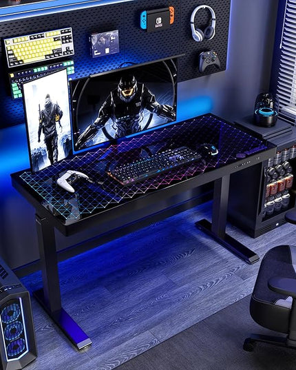 EUREKA ERGONOMIC Gaming Desk RGB Lights Height Adjustable 55 Inch Computer Table Home Office Standing Desk Glass Desk Music Sensing, Dual Motors,USB Ports, APP Control