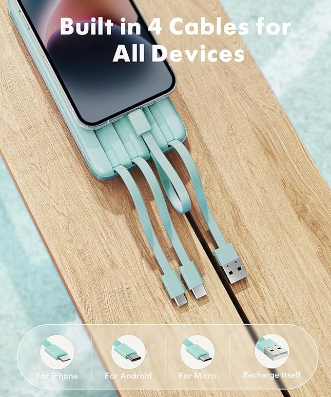 charmast Portable Charger with Built in Cables, Power Bank with Cords Wires, Slim 10000mAh Travel Battery Pack 6 Outputs 3 Inputs 5A Fast Charging for Samsung Google Pixel LG Moto iPhone iPad