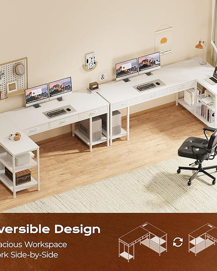 PRAISUN 63 Inch L Shaped Office Desk with Power Outlets and Type-C Port, Large Computer Gaming Desk with 3 Fabric Drawers, Mesh Shelves, Corner Study Work Writing Desk, White