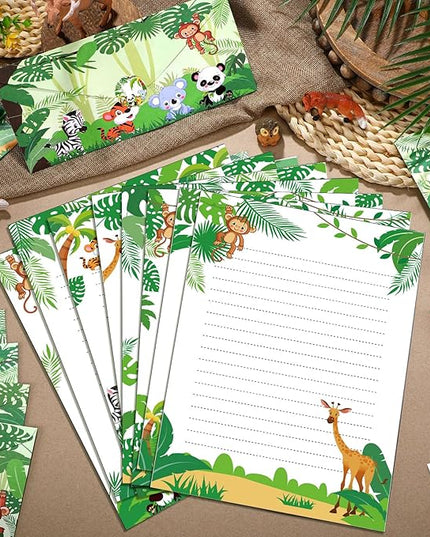 TaoBary 160 Packs Stationery Paper Set (50 Double Sided Stationery Writing Papers 50 Matching Envelopes) 60 Round Dot Sticker, 10 Design(Safari Animal,8.5 x 11 Inch)
