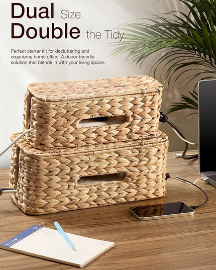 TIDITA Set of 2 Wicker Large Cable Management Box - Cord Box Hider for Home, Office - Water Hyacinth Cable Hider Box, Surge Protector Box for TV Wires, Computer - Power Strip Box - 3 Slots, Secure Lid