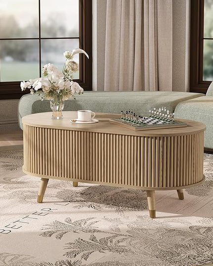 JOINICE 42.5" Oval Lift Top Coffee Table with Storage, Mid Century Modern Oak Center Table with Fluted Panel, Solid Wood Legs & Hidden Compartment for Living Room