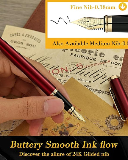 BEILUNER Red Fountain Pen,Stunning Luxury Pens with 24K Gold Finish, Gorgeous 24K Gilded Nib(Fine), Trustworthy Pen Gift for Men&Women -Ink Converter-Elegant,Graduation,Office,Nice Pen for Writing