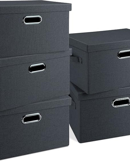 Medium 15" 21 Quart Collapsible Stackable Storage Bins with Lids, 5 Packs Dark Gray Foldable Fabric Closet Storage Boxes with Lids, Lidded Heavy-duty Linen Baskets(15x11x8)