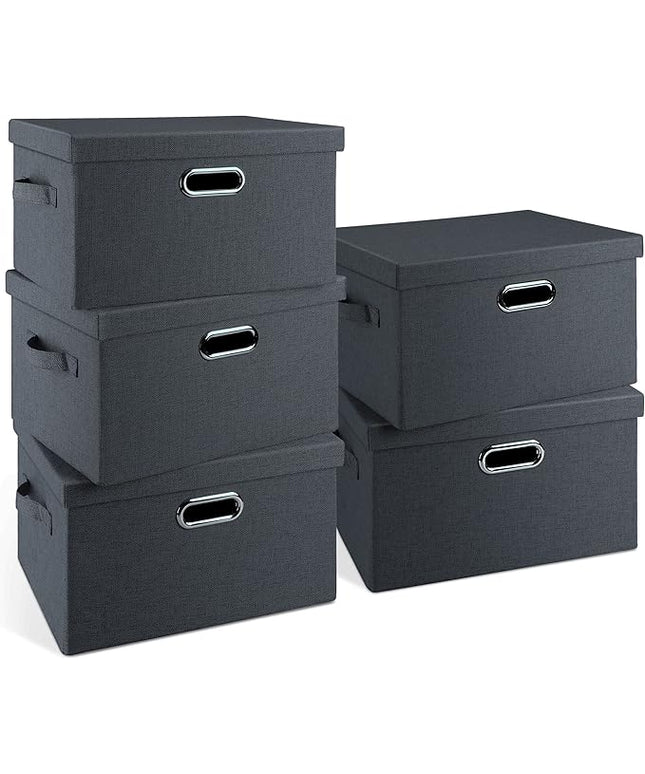 Medium 15" 21 Quart Collapsible Stackable Storage Bins with Lids, 5 Packs Dark Gray Foldable Fabric Closet Storage Boxes with Lids, Lidded Heavy-duty Linen Baskets(15x11x8)
