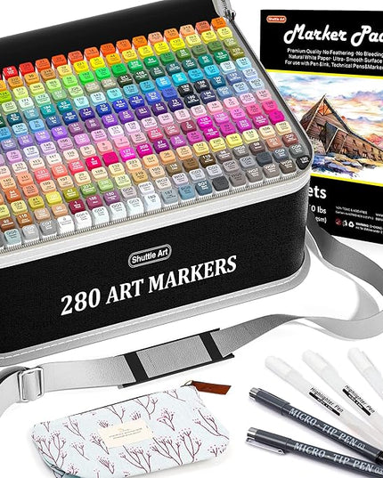 Shuttle Art 280 Colors Dual Tip Alcohol Based Art Markers, 279 Colors Permanent Marker Plus Colorless Blender, Micro-tip Pens, White Highlighter Pens, Marker Bag with Holders for Kids Adult Coloring