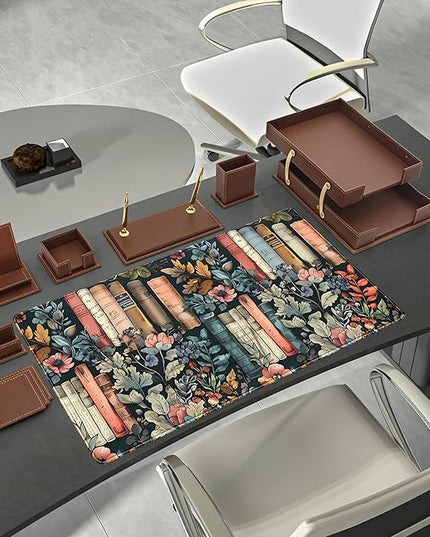 Floral Books Desk Mat Reading Desk Pad Mouse Mat XXL, Colorful Mouse Keyboard Pad Flower Bookshelf Desktop Mat, Long Computer Mats Aesthetic Desk Accessory Reader's Home Decor 31.5" x 15.7"