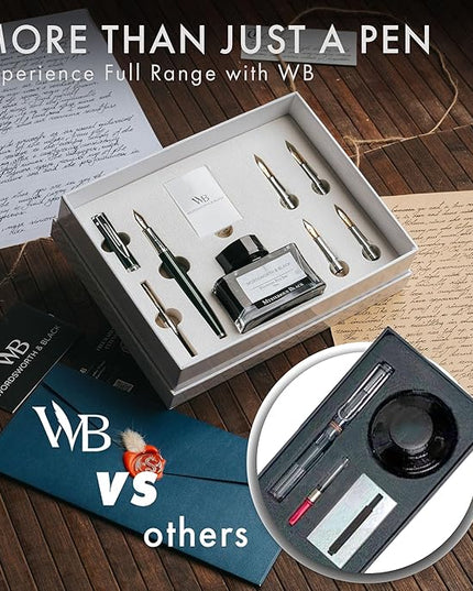 Wordsworth & Black Fountain Pen Gift Set, Includes Bottle, 6 Cartridges, Refill Converter, 4 Replacement Nibs, Premium Package, Journaling, Calligraphy, Smooth Writing Pens [Green Chrome]