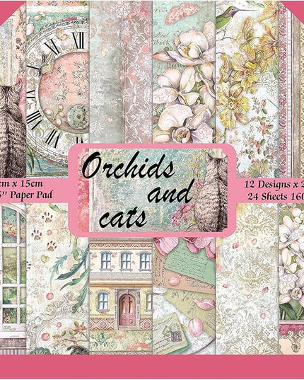 Scrapbook Paper,24 Sheets 6"x 6" Decorative Papers,Single-Sided Vivid Origami Decoupage Paper for Card Making,DIY Album, Hand Account & Travel Diary Craft Projects,Orchids and Cat