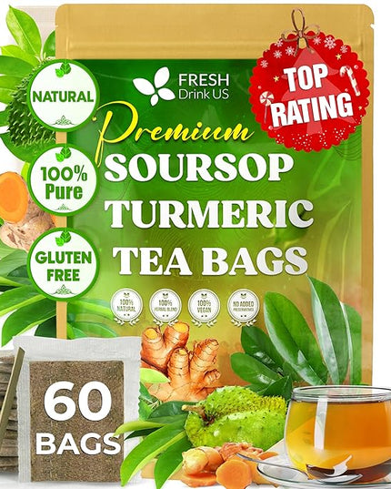 FreshDrinkUS, Premium 60 Soursop Turmeric Tea Bags, 100% Natural, Blend of Soursop Leaves, and Turmeric Root. Made with Natural Material Tea Bags. No Sugar, Vegan. | Premium, 100% Natural, No Sugar, Vegan