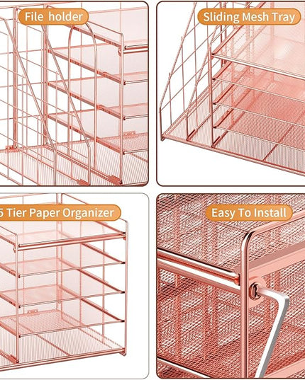 Marbrasse Desk Organizer with File Holder, 5-Tier Paper Letter Tray, Mesh Desk Accessories, Magazine Holder, Desktop Organizer and Storage for Office Supplies, Rose Gold