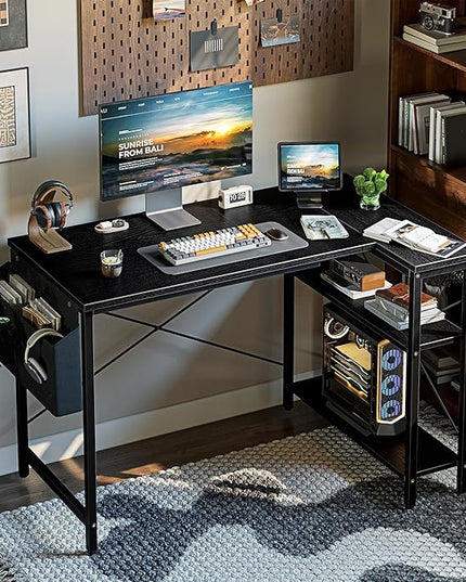 Grandder L Shaped Computer Desk with Reversible Shelves, 40 Inch Small Corner Desk with Storage Bag, Gaming Desk Computer Table Study Writing Table for Home Office Bedroom Small Space, Black
