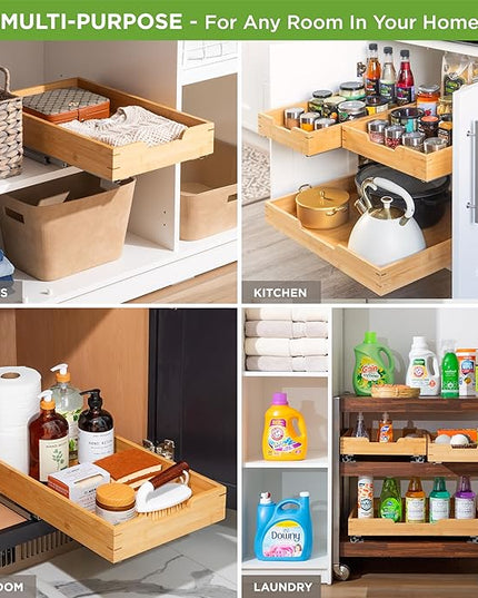 HOLDN’ STORAGE Bamboo Wooden Pull out Cabinet Organizer 11" W x 20" D - Requires At Least a 12.25" W x 21" D. Cabinet Opening. W/Lifetime Limited Warranty. Bamboo Tray and Heavy gauge metal rails.