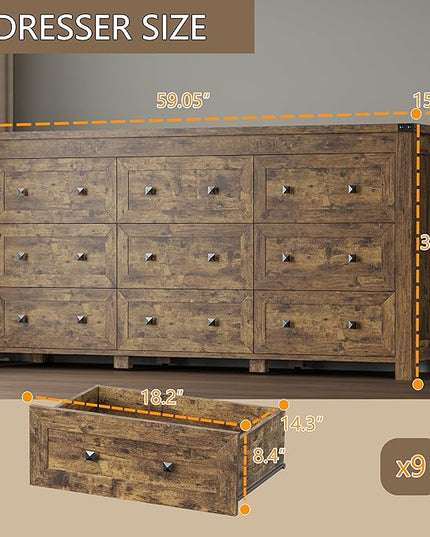 BORNOON 9-Drawer Dresser, Modern Wooden Storage Chest of Drawers, Dresser TV Stand, Wood Drawer Organizer with Metal Handles for Bedroom, Living Room, Hallway