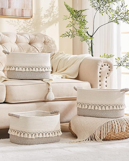 Storage Bins Woven Baskets for Storage Set of 3, Cotton Rope Basket with Handles for Toys/Shelves/Laundry, Rectangle Multi-Purpose Organizer for Living Room, Bedroom, Nursery (White/Beige)