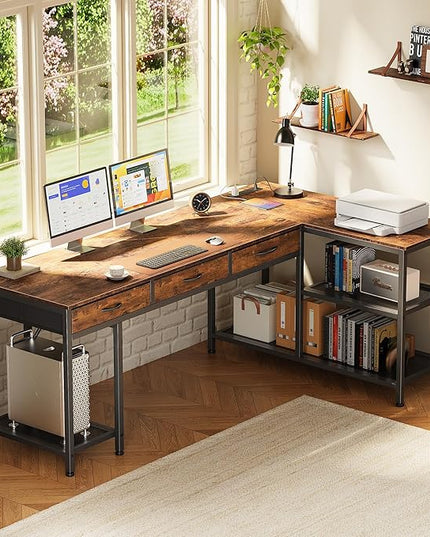 PRAISUN 63 Inch L Shaped Office Desk with Power Outlets and Type-C Port, Large Computer Gaming Desk with 3 Fabric Drawers, Mesh Shelves, Corner Study Work Writing Desk, Rustic Brown